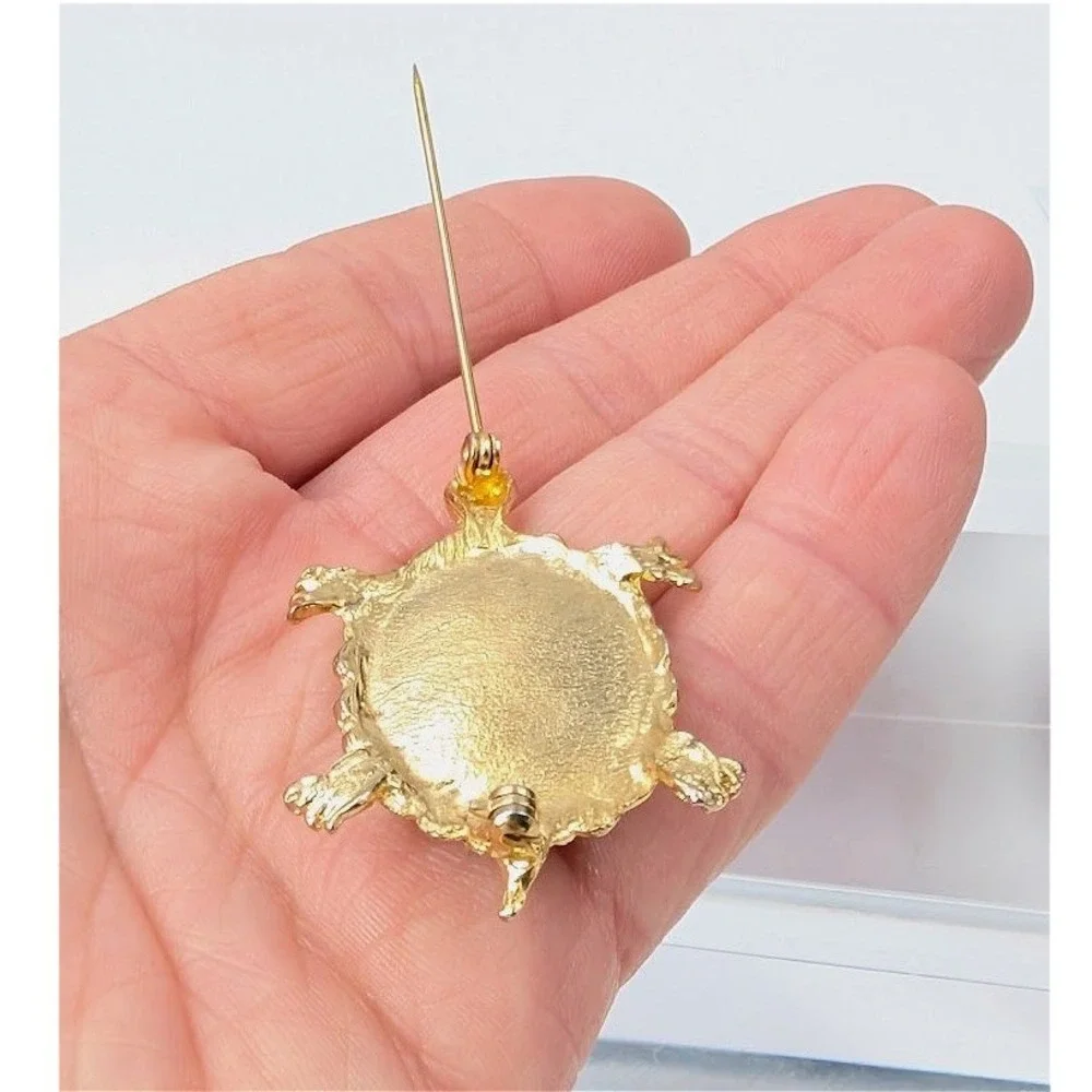 Vintage Gold‎ Tone Turtle Brooch Pin Brown Tortoise Novelty Statement